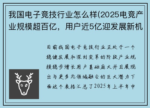 我国电子竞技行业怎么样(2025电竞产业规模超百亿，用户近5亿迎发展新机)